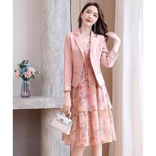 Office Lady Elegant Thin Blazers + Floral Print Chiffon Sleeveless Strap Dress Suit Spring Fashion Two Piece Sets Women Outfit