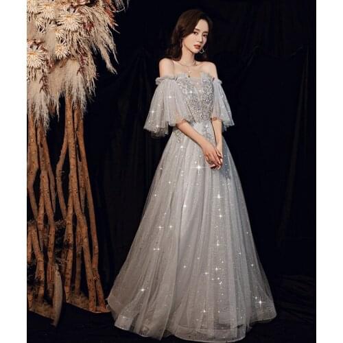 Women A-Line Floor Length Party Dresses Elegant Off-shoulder Short Sleeve Sequin Formal Gowns Evening Dress Vestidos