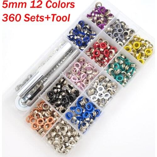 360 Sets 12Colors 5/6mm Round Grommet Eyelets Sewing Accessories for Eyelet Fabric Clothing Metal Grommet Fasteners with Tool