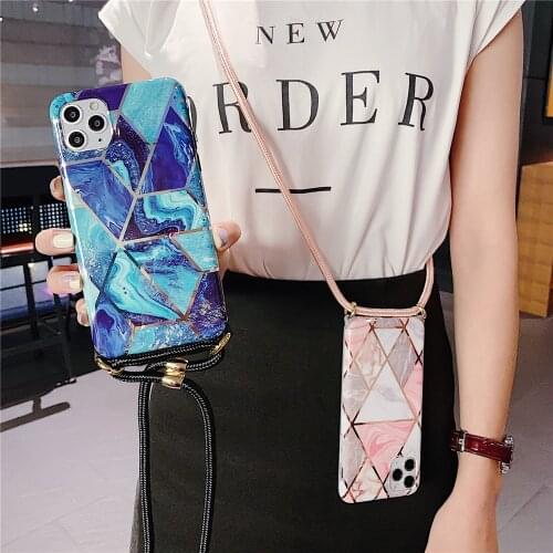 Long Chain Crossbody Phone Case For iPhone 12 mini 11 12 pro max XS MAX XR 8 7plus Plating lines stitching marble Messenger Case