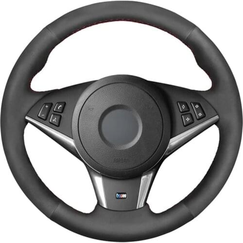 Black Suede Hand-stitched No-slip Car Steering Wheel Cover for BMW M5 E60 E61 (Touring) M6 E63 E64 2005 2006 2007-2010