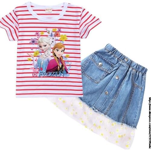 Kids Frozen Elsa Clothing Sets New Style Brand Baby Girls Clothes Striped SleeveT-Shirt+Denim Culottes 2Pcs Children Clothes