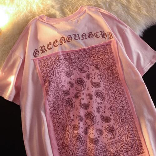 Summer Simple Cashew Flower Patch Printing Short-sleeved T-shirt Couple Loose Half-sleeved Short Tee Blouse Tops for Women