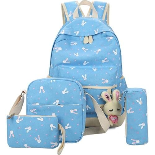 Cartoon Cute Rabbit 4 pcs/set Canvas Women Backpack Schoolbag travel Backpacks for Teenage Girls Daypack Rucksack Moclila