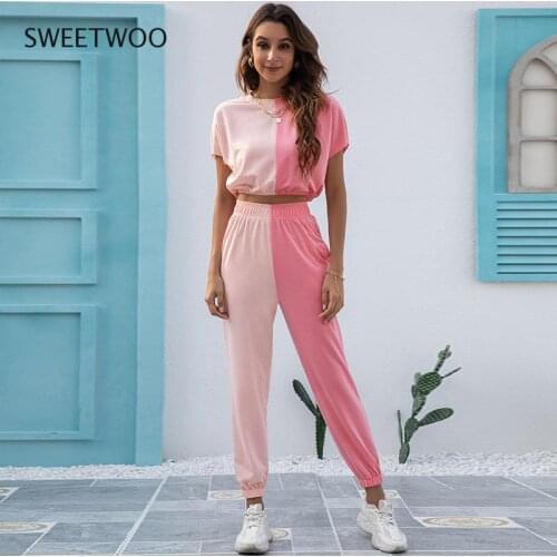 Contrast Color Tracksuit Women Two Piece Set Summer Clothes Short Sleeve Crop Top + Pants Sweat Suit Casual Womens Sets Outfits