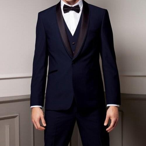 Custom MADE TO MEASURE TAILORED BESPOKE NAVY BLUE MEN SUITS;BROWN SHAWL LAPEL;BROWN 2 WELT POCKET(Jacket+Pants+Tie+Pocket Square