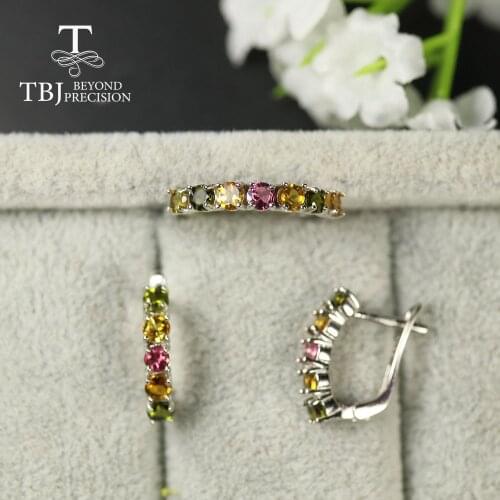 TBJ natural Tourmaline Jewelry set small size round 3mm ring earring natural brazil toumaline ring earring 925 sterling silver