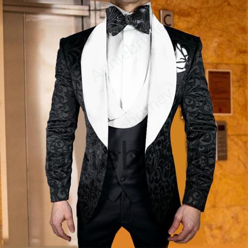 Jacket+Pants+Vest) Handsome Black Jacquard 3 Piece Groom Tuexdos For Wedding Formal Prom Suit Party Evening Blazer Custom Made