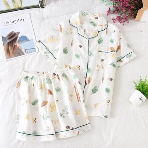New 2021 Summer Pajama Sets Cute Cartoon Print Pyjamas Women 100% Cotton Short Sleeves Japanese Ladies Homewear Kawaii Pajama