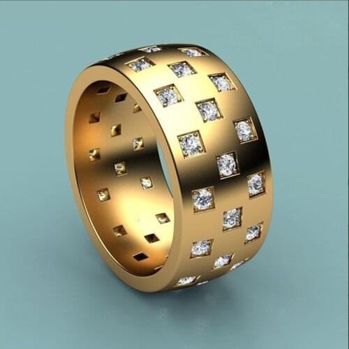 Wholesale Square Cubic Zirconia Crystal Gold Color Wide Male Alloy Ring For Men Party Jewelry Accessories Size 6-10
