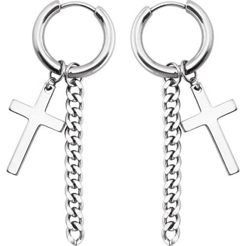 Punk Black Color Chain Tassel Stainless Steel Cross Stud Earring for Women & Men Helix Ear Piercings Fashion Jewelry