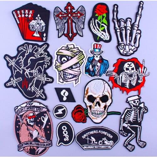 Pulaqi Punk skull Patch Stripe Iron On Embroidered Patches For Clothes Stickers On Clothes Hippie Maniac Badge Heart poker Patch