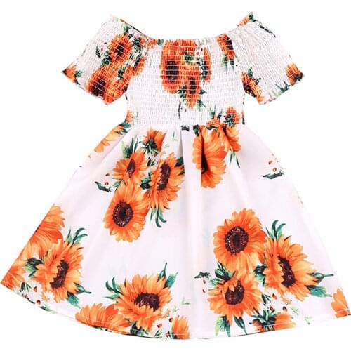 Children Girls Casual Sweet Short Sleeve Dress,Baby Girls Summer Fashion Sunflower Boat Neck A-line Mid-length Dress,2-6Years