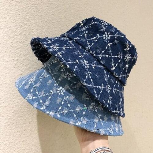 Streetwear Fashion Designer Washed Worn-Out Elegant Denim Bucket Fisherman Hat Outdoor Distressed Paillette Vintage Jean Cap