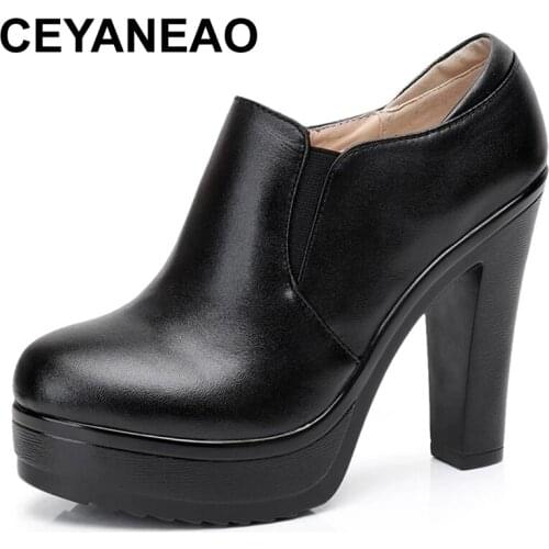 CEYANEAO 2021Round Toe Genuine Leather Womens Shoes Women Fashion High Heels Autumn Winter Ankle Boots Black Plus Size 34-43
