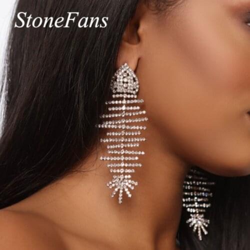 Stonefans Fashion Long Drop Rhinestone Fish Bone Earrings Jewelry for Women Statement Crystal Big Dangle Earrings Accessory Gift