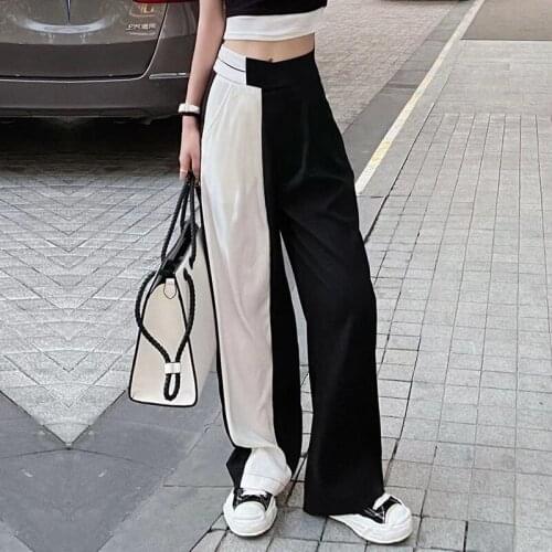 2021 Womens Summer New Style Thin Stitching Black and White Pants Full-length Casual Fashion Hight Waist Loose Wear Trousers