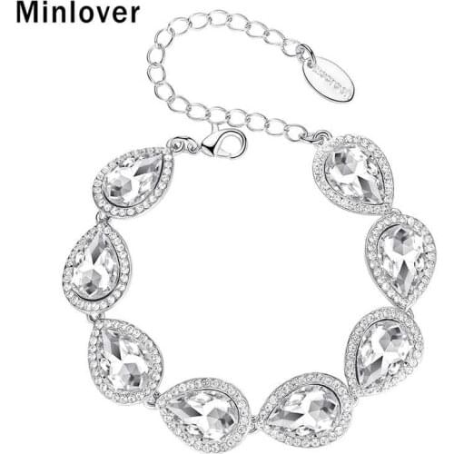 Minlover Crystal Teardrop Wedding Link Chain Bracelet for Women Silver Color Rhinestone Bride Fashion Jewelry Accessories MSL051