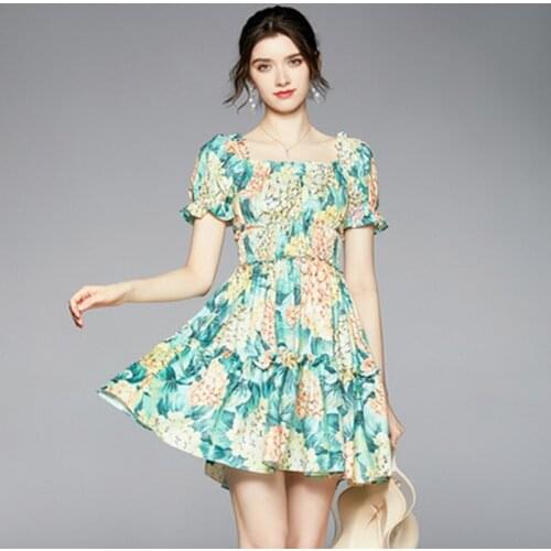 New Bohemia Summer Floral Mini Dress Women Sexy Off Shoulder Short Puff Sleeve Chic Flower Print High Elastic Waist Beach Dress