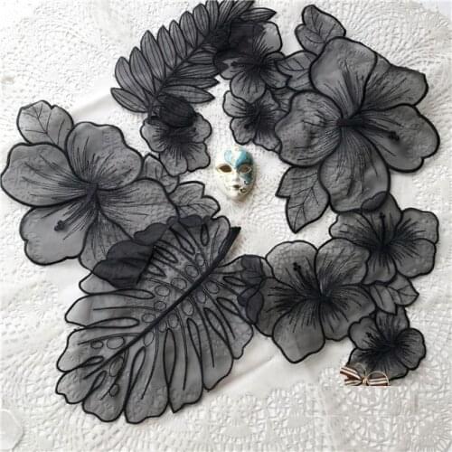 1set(5pcs) black and white lace patch applique handmade clothing decoration organza flower patch accessories X446