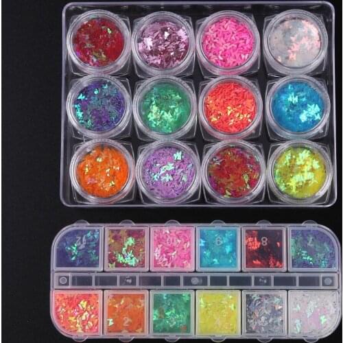 12 Grids Nail Glitter Sequins Acrylic Designs Mixed manicure laser mirage Hollow Round, butterfly DIY Nail Art Decoration