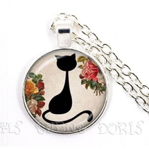 2019 Shabby Chic Vintage Black Cat Necklace for Pet Lovers Cat Flower Pendant Jewelry Glass Cabochon Girls Gift for Her