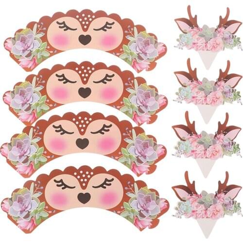 24sets Cartoon Deer Border Wrapper Flower Paper Insert Card Toppers Birthday Wedding Christmas New Year Party Cupcake Decor Suit