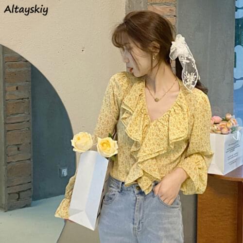 Blouse Women Ruffles Flare Sleeve Summer Lovely Fashion Floral Streetwear Ulzzang Cozy Baggy Oversize Party College Girls Casual