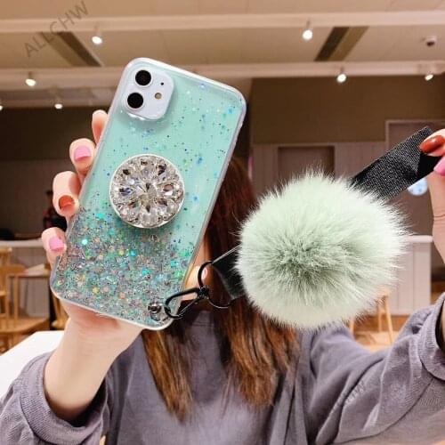 DIY CZ diamond holder Stand Fur Ball phone case For iPhone11 Pro MAX 6 7 8 Plus X XR XS Max 12 Soft TPU bracket Glitter Coque