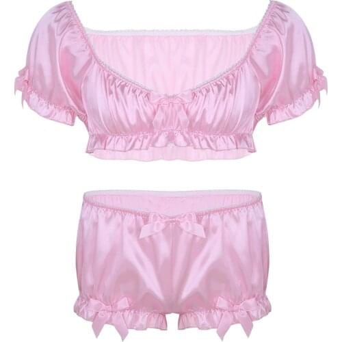 Hot Sexy Sissy Lingerie Set for Men Gay Crossdressing Erotic Underwear Soft Silky Bra Crop Top and Bloomers Panties Boxer Shorts