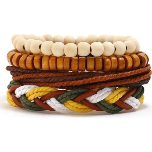 Jessingshow 4pcs/set Fashion Mens Punk Leather Wrap Braided Wristband Cuff Bracelet Bangle Set Women Jewelry Gift