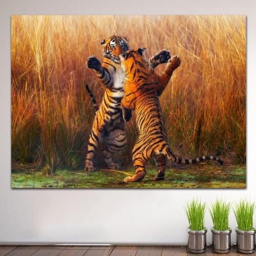 Large size Printing Oil Painting Tigers Two Fight Wall Art Home Decor Living Room Modern Canvas Print Paintings no frames WLONG
