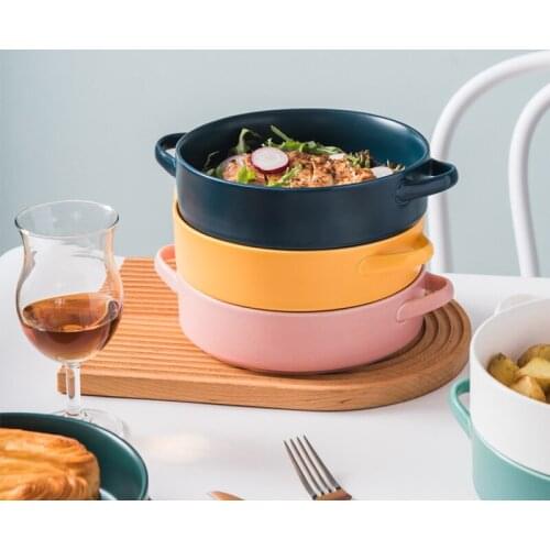 Nordic Double Ear Ceramic Deep Plate Simple Solid Color Disc Baking Plate Breakfast Rice Plate Restaurant Salad Plate