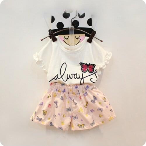 2016 Korean Childrens Garment 2 Pieces Set Girl Baby Butterfly Patch Fungus The Edge Of The Sleeve T-Shirt Printing Shorts Suit