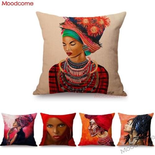 Fashion African Woman Black Lady Portrait Art Oil Painting Sofa Pillow Cover Home Decoration Africa Cotton Linen Cushion Cover