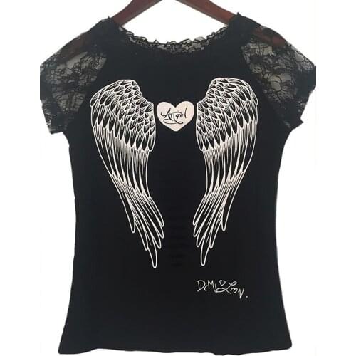 Fashion Women Lady Clothes Tops Casual Short Sleeve Angel Wings Blouses Shirt Tops Slim Letter Blouse Ladies Lace Clothing 2021