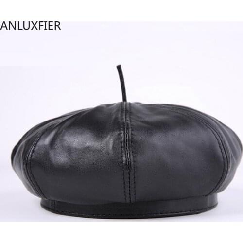 H7637 Fashion Genuine Leather Beret Hat Men Women Autumn Winter Sheepskin Berets Cap Outdoor Painter Comfortable Warm Black Hats