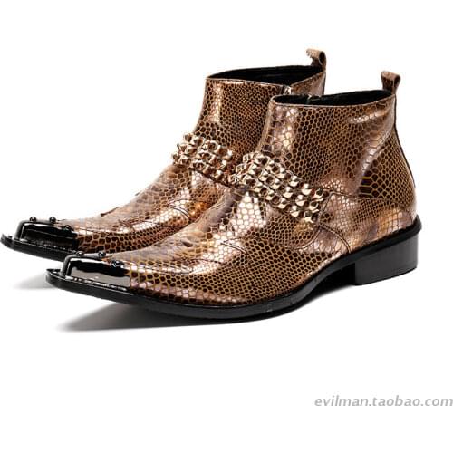 Mens Combat Boots Leather Black Spiked Steel Toe Work Shoes Male Short Ankle Military Boots Snake Skin Chelsea Botas Masculina