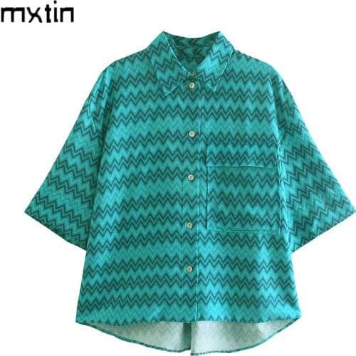 MXTIN 2021 Women Summer Fashion Striped Pockets Blouses Vintage Lapel Collar Short Sleeves Female Shirts Blusas Casual Tops