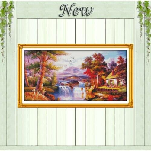 Lakeside Cottage falls mountain Golden scenery Counted print on canvas DMC 14CT 11CT Cross Stitch Needlework kits Embroidery Set