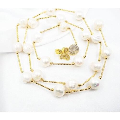 NEW AA Freshwater Pearl Baroque Nerround Shape Beads 12-13mm 18KGP Link Long Necklace 90cm