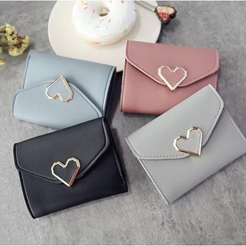 Simple Fashion Women Coin Purse Leather Solid Color Vintage Short Wallet Heart Hasp Ladies Girls Card Holder Clutch Bag FA$B