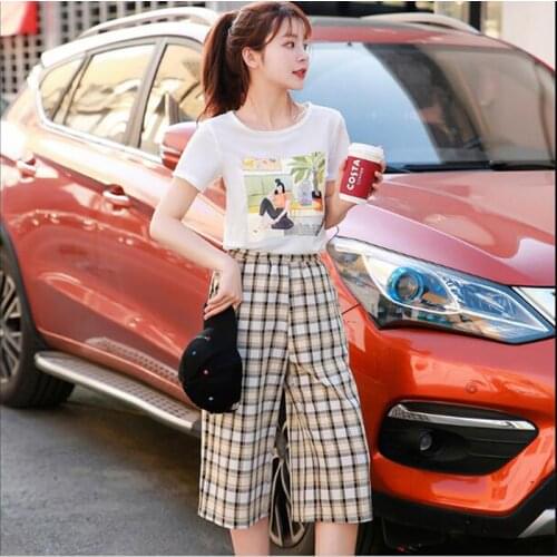 Plus Size Summer New Suit Womens Fashion Printing T-shirt Top + Plaid Wide Leg Pants Two-piece Set Female Leisure 2 Piece Set