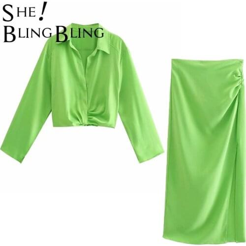 SheBlingBling Za Woman Green Casual 2 Piece Sets Summer Slim Cropped Shirt + Midi Pencil Skirt Blouses Traf Female Outfits