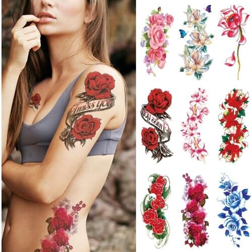Peony Rose Temporary Tattoo Stickers,Women Body Art Tattoo,Girl Back Breast Arm Leg Red Blue Pink Flower Fake Tatoos