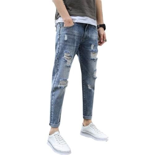 Japan and South Korea trend of ripped jeans mens Korean version of the trend of nine-point pants
