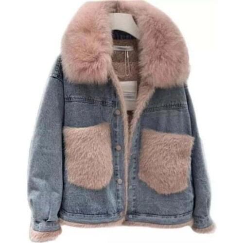 2021 New Fashion Fox Big Fur Collar Plus Velvet Denim Jacket Womens Coat Loose and Thick Warm Jacket Cotton Clothing