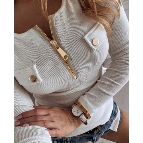 2021 Women Plus Size Lantern Sleeve Zipper Design Casual Top Button Zipper Design Long Sleeve Blouse