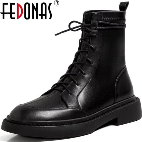 FEDONAS Classic Design Ankle Boots With Heels Genuine Leathr Cross Tied Shoes For Women Working Casual Thick Heels Winter Boots