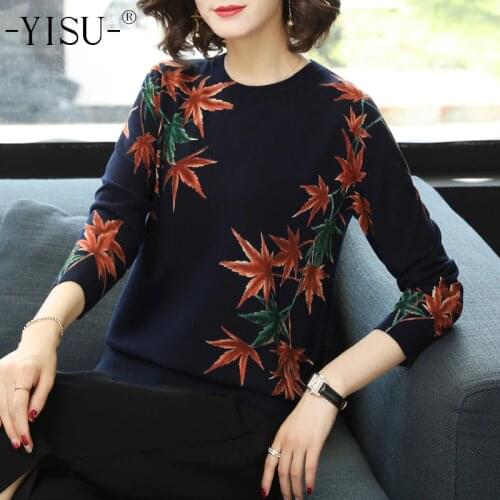 YISU Maple Printed sweater Women casual Long sleeve pullover 2019 spring elegant streetwear O neck jumper Loose knitted sweater